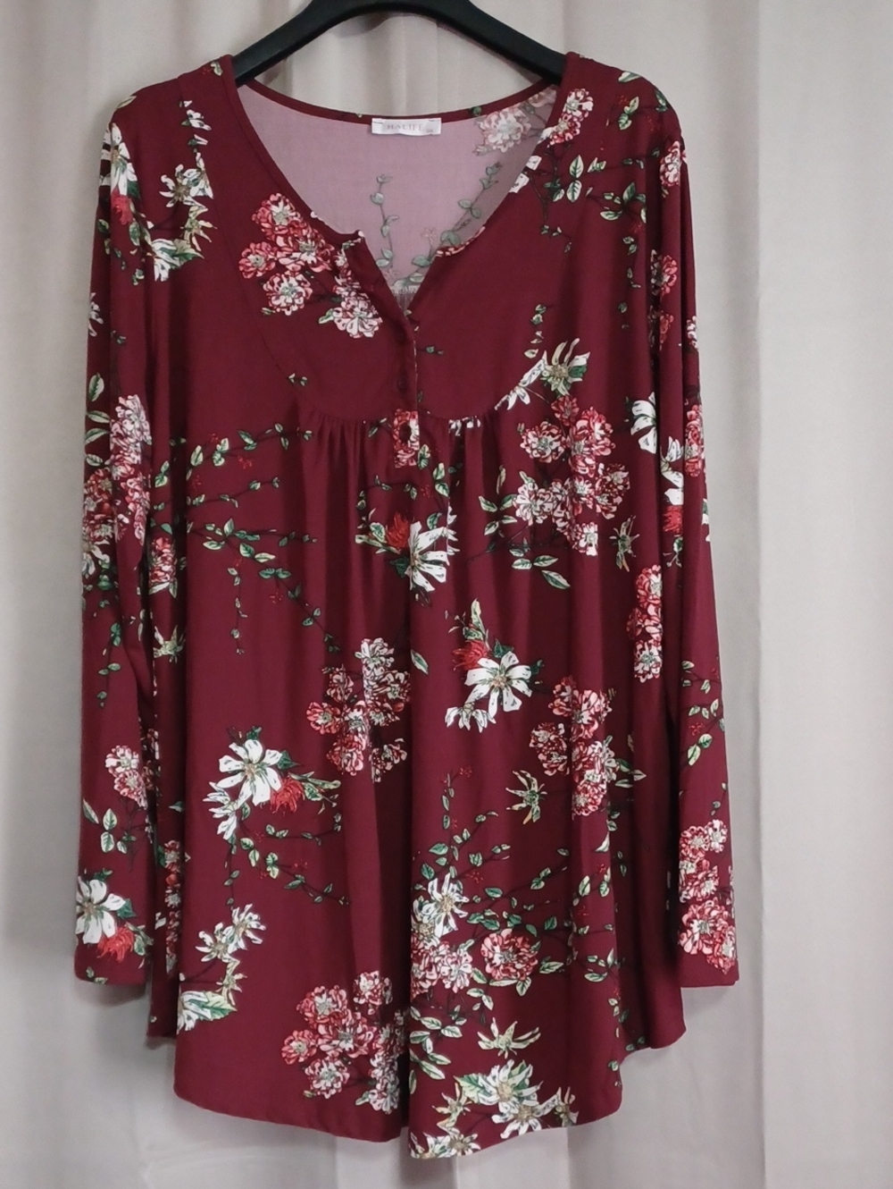 Halife Burgundy Floral Long Sleeve Tunic Empire Waist Split Neck Plus Size 3X